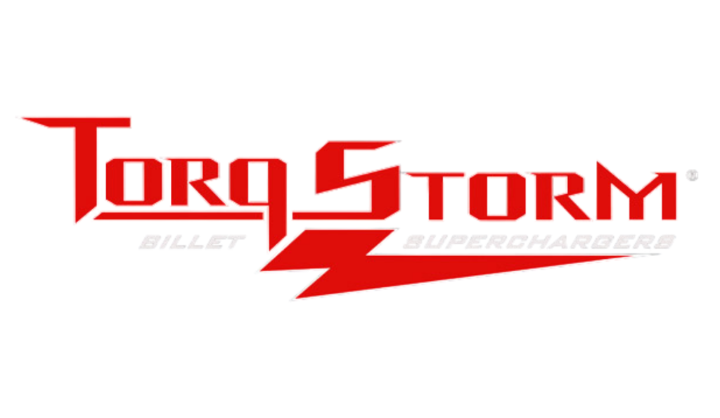 TorqStorm billet superchargers logo in red with a bold lightning-shaped underline and the words TorqStorm, Billet, and Superchargers